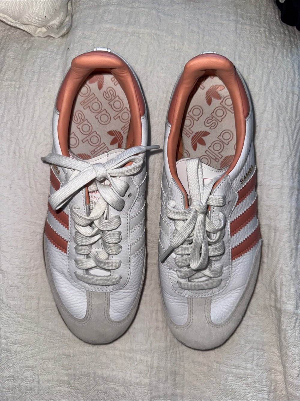 adidas White Sneakers with Coral-Peach Stripes